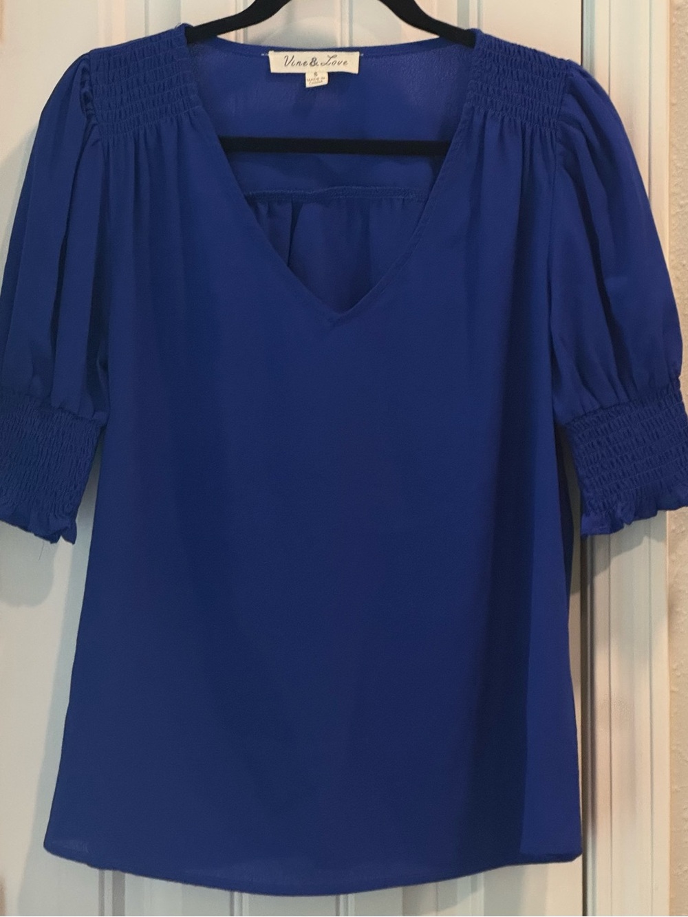 Vine & Love Cobalt Blue V-Neck Smocked Sleeve Blouse